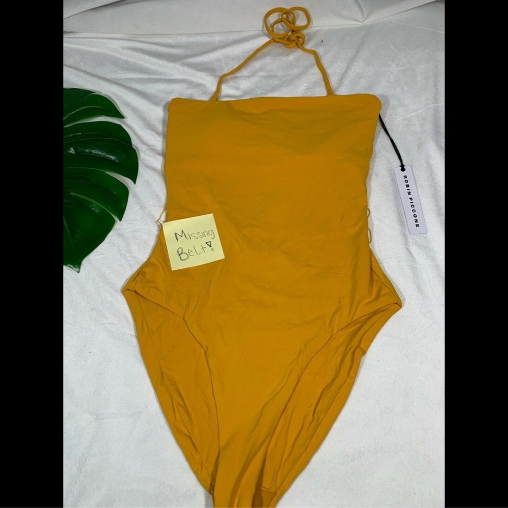NEW Robin Piccone Luca Barbell Bandeau One‎ Piece Swimsuit Mustard [SZ 10 ] - Picture 2 of 8